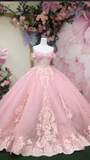 Gorgeous Pink Off-the-shoulder Tulle Long Ball Gown Sweet Applique Beaded 16th Birthday Dress Cute Quinceanera Dress HZ1121