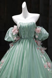 Gorgeous Green Off-the-Shoulder Tulle Long Ball Gown Sweet Flower 16th Birthday Dress Cute Quinceanera Dress HZ1121