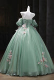 Gorgeous Green Off-the-Shoulder Tulle Long Ball Gown Sweet Flower 16th Birthday Dress Cute Quinceanera Dress HZ1121