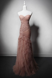 Modest Pink Mermaid Evening Gowns Tulle Tiered Sweetheart Neck Long Prom Dress Graduation Dress HZ1121