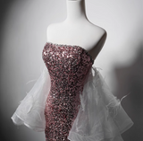 Modest Pink Mermaid Evening Gowns Strapless Slit Long Prom Dress Sparkly Sequins Graduation Dress HZ1121