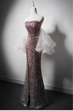 Modest Pink Mermaid Evening Gowns Strapless Slit Long Prom Dress Sparkly Sequins Graduation Dress HZ1121