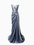 Elegant Light Gray Blue Mermaid Evening Gowns Strapless Satin Long Prom Dress Modest Sleeveless Formal Dress with Scarf HZ1121
