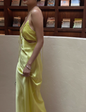 Elegant Yellow Spaghetti Strap Sheath 18th Birthday Outfit Satin Backless Formal Dress Modest Party Dress HZ1121