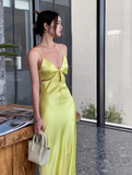 Elegant Yellow Spaghetti Strap Sheath 18th Birthday Outfit Satin Backless Formal Dress Modest Party Dress HZ1121