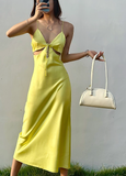 Elegant Yellow Spaghetti Strap Sheath 18th Birthday Outfit Satin Backless Formal Dress Modest Party Dress HZ1121