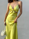 Elegant Yellow Spaghetti Strap Sheath 18th Birthday Outfit Satin Backless Formal Dress Modest Party Dress HZ1121