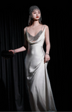 Elegant White Spaghetti Strap Long Evening Gown Sheath 20th Birthday Dress Satin Sparkly Graduation Dresses Formal Dress HZ1121