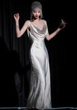 Elegant White Spaghetti Strap Long Evening Gown Sheath 20th Birthday Dress Satin Sparkly Graduation Dresses Formal Dress HZ1121