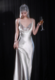 Elegant White Spaghetti Strap Long Evening Gown Sheath 20th Birthday Dress Satin Sparkly Graduation Dresses Formal Dress HZ1121