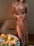 Sparkly Gold Spaghetti Strap Long Evening Gown Sheath 18th Birthday Dress Elegant Sequins Formal Dress Party Dress HZ1121