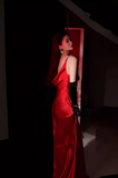 Modest Burgundy Spaghetti Strap Long Evening Gown Sheath Elegant Satin Formal Dress Open Back Party Dress HZ1121