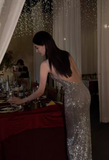 Modest Silver Spaghetti Strap Long Evening Gown Sheath Elegant Beaded Formal Dress Open Back Party Dress HZ1121