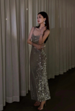 Modest Silver Spaghetti Strap Long Evening Gown Sheath Elegant Beaded Formal Dress Open Back Party Dress HZ1121