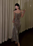 Modest Silver Spaghetti Strap Long Evening Gown Sheath Elegant Beaded Formal Dress Open Back Party Dress HZ1121