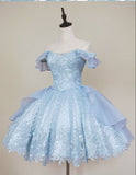 Pretty Ball Gown Off The Shoulder Light Sky Blue Lace Short Formal 8th Grade Homecoming Dresses Summer Middle School Hoco Dress Homecoming Outfits HZ1121