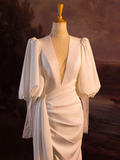 Elegant Wedding Dress Mermaid V Neck Summer Long Sleeves Satin White Wedding Dresses Bride Dress Bridal Gowns HZ1121