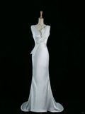Pretty Wedding Dress Mermaid V Neck White Satin Long Vintage Wedding Dresses Bridal Gowns Brides Gown HZ1121