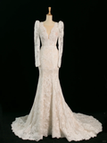 Pretty Wedding Dress Mermaid V Neck Ivory Sleeveless Lace Long Vintage Wedding Dresses Bridal Gowns Brides Gown HZ1121