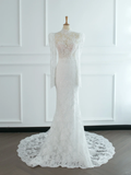 Pretty Wedding Dress Mermaid High Neck White Lace Long Sleeves Backless Vintage Wedding Dresses Bridal Gowns Brides Gown HZ1121