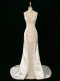 Chic Wedding Dress Mermaid Halter White Satin Sleeveless Long Vintage Wedding Dresses Bridal Gowns Brides Gown HZ1121