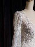 Vintage Wedding Dress A line V Neck White Long Sleeves Sequin Long Wedding Dresses Bridal Gowns Brides Gown HZ1121