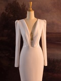 Vintage Wedding Dress Mermaid V Neck White Long Sleeves Backless Satin Long Wedding Dresses Bridal Gowns Brides Gown HZ1121