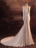 Vintage Wedding Dress Mermaid V Neck White Long Sleeves Backless Satin Long Wedding Dresses Bridal Gowns Brides Gown HZ1121