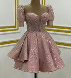 Fancy Short Hoco Dresses A line Sweetheart Pink Sequin Mini Formal 8th Grade Homecoming Dresses Summer Middle School Homecoming Outfits HZ1121