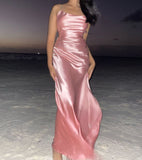 Elegant A line Halter Pink Satin Long Prom Dresses Party Dress Summer 20th Birthday Outfits 18th Birthday Dresses HZ1121