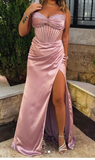 Elegant Sheath Sweetheart Pink Slit Satin Long Prom Dresses Party Dress Summer 20th Birthday Outfits 18th Birthday Dresses HZ1121