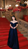 Elegant A Line Off The Shoulder Navy Blue Satin Long Prom Dresses Party Dress Summer 20th Birthday Outfits 18th Birthday Dresses HZ1121