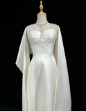 Vintage Wedding Dress A line Spaghetti Straps White Satin Sleeveless Long Vintage Wedding Dresses Bridal Gowns Brides Gown With Cape HZ1121