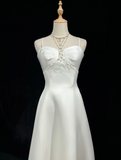 Vintage Wedding Dress A line Spaghetti Straps White Satin Sleeveless Long Vintage Wedding Dresses Bridal Gowns Brides Gown With Cape HZ1121