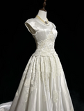 Vintage Wedding Dress 1950s 1940s Ball Gown V Neck Lace White Long Wedding Dresses Bridal Gowns Brides Gown HZ1121