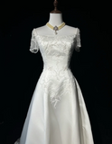 Retro Wedding Dress 1950s 1940s A line Square Neck Satin White Long Wedding Dresses Bridal Gowns Brides Gown HZ1121