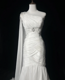 Retro Wedding Dress 1950s 1940s Mermaid One Shoulder Chiffon White Long Wedding Dresses Bridal Gowns Brides Gown HZ1121