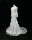 Vintage Wedding Dress 1970s Mermaid Scoop Neck Long Sleeves Lace White Long Wedding Dresses Bridal Gowns Elegant Brides Gown HZ1121