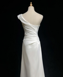 Retro Wedding Dress 1950s 1940s A Line One Shoulder Satin White Long Wedding Dresses Bridal Gowns Brides Gown HZ1121