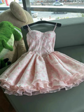 Cute Ball Gown Spaghetti Straps Floral Pink Short Homecoming Dress Summer Middle School Formal 8th Grade Hoco Dresses Summer Homecoming Outfits HZ1121