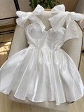 Pretty A line White Satin Short Formal 8th Grade Homecoming Dresses Summer Middle School Hoco Dress Homecoming Outfits HZ1121