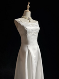 Classic Bridal Gown A line Jewel Neck Satin Long White Wedding Dresses Elegant Bridal Gowns HZ1121