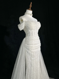 Vintage Bridal Gown 1960s Mermaid Off The Shoulder Sequin Long White Wedding Dresses Elegant Bridal Gowns HZ1121