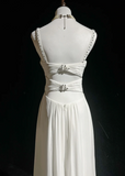 Modern A line Straps Silver Beads Chiffon Long White Backless Wedding Dresses Elegant Bridal Gowns HZ1121