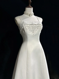 Vintage A line Spaghetti Straps White Satin Long 1940s 1950s Wedding Dresses Elegant Bridal Gowns HZ1121