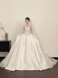 Extravagant Ball Gown Strapless White Satin Beads Long Wedding Dresses Elegant Bridal Gowns HZ1121