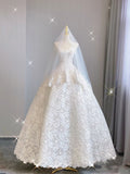 Extravagant Ball Gown Strapless White Lace Long Wedding Dresses Elegant Bridal Gowns HZ1121