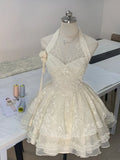 Pretty Ball Gown Halter Ivory Lace Short Mini Formal 8th Grade Homecoming Dresses Summer Middle School Hoco Dress Homecoming Outfits HZ1121