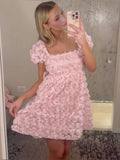 Pretty A line Square Neck Short Sleeves Pink Floral Mini Formal 8th Grade Homecoming Dresses Summer Middle School Hoco Dress Homecoming Outfits HZ1121