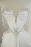 Unique Bridal Gown A Line Sweetheart White Satin Long Wedding Dresses Silver Beads Elegant Brides Gowns HZ1121
